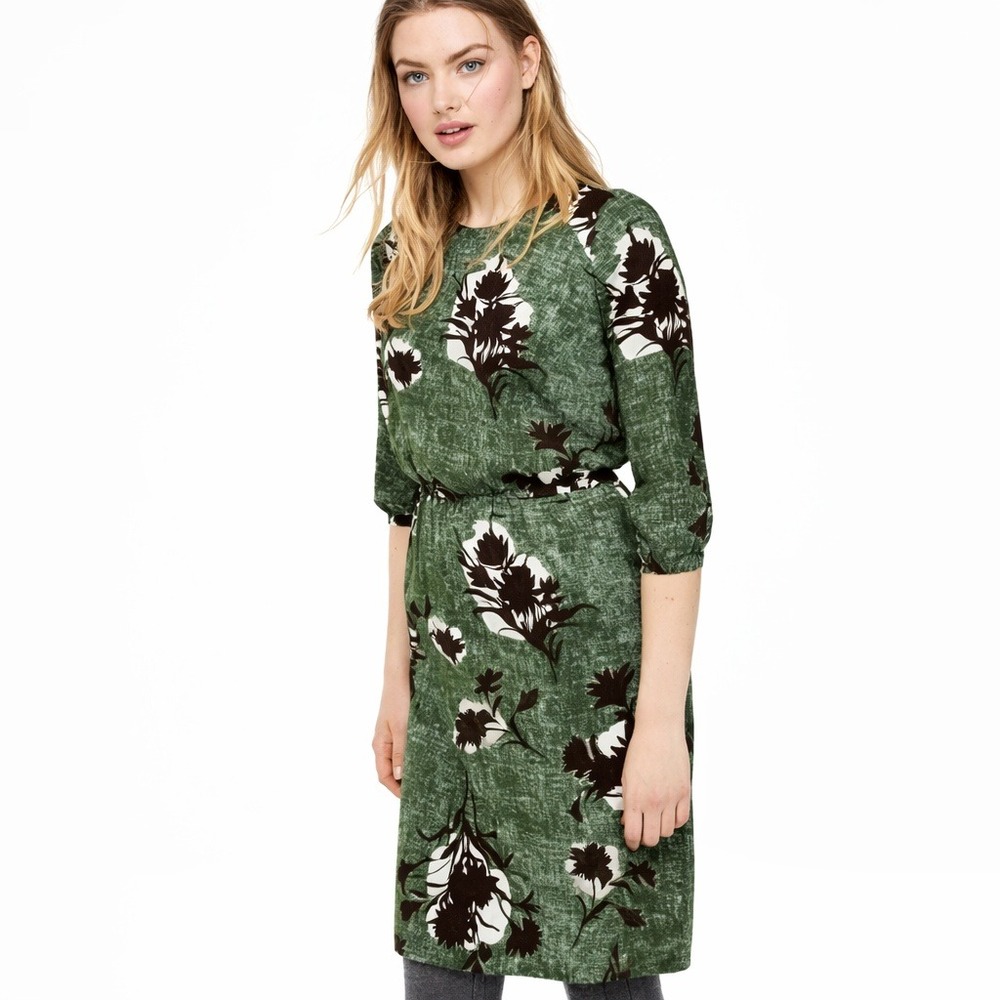 Boden Women's Jodie Green Brown Floral Shift Dress 3/4 Sleeve Keyhole Back 10